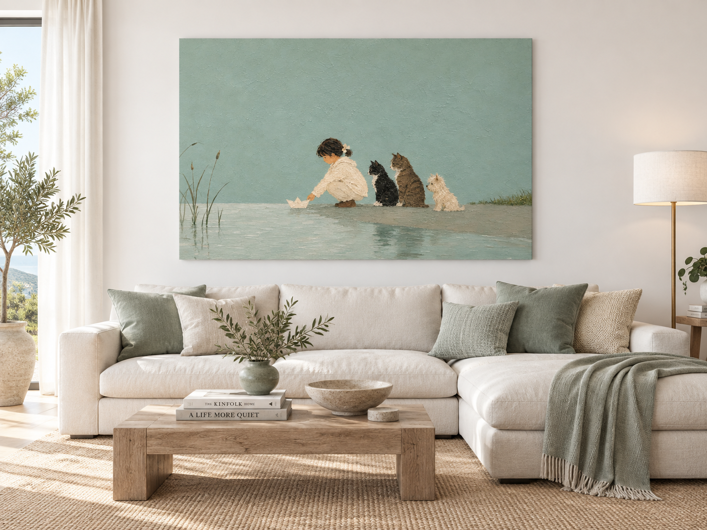 Modern Abstract Narrative Art Hand-Painted With Textured Green Background