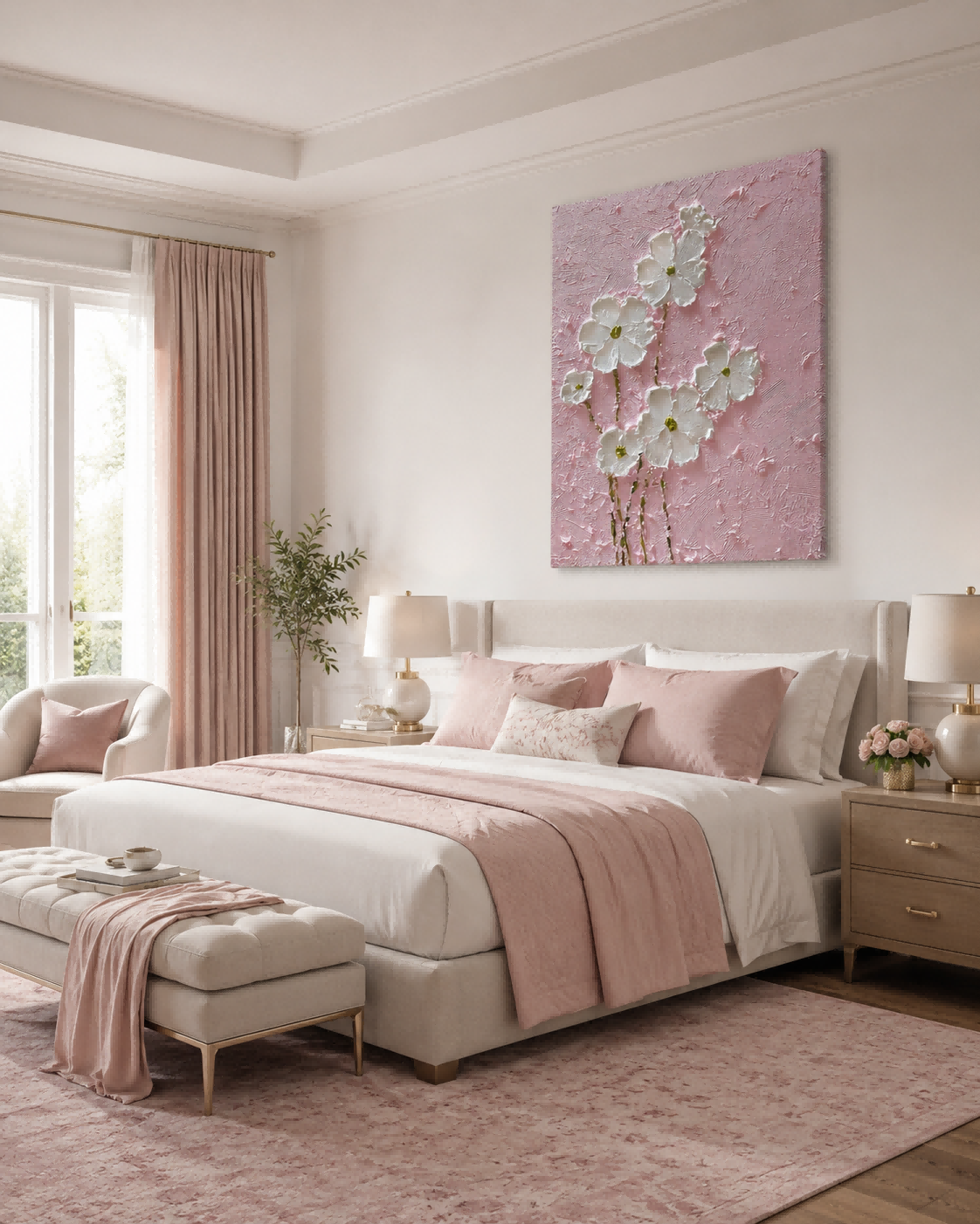 Modern Textured Art Piece With Abstract White Flowers On Pink Background