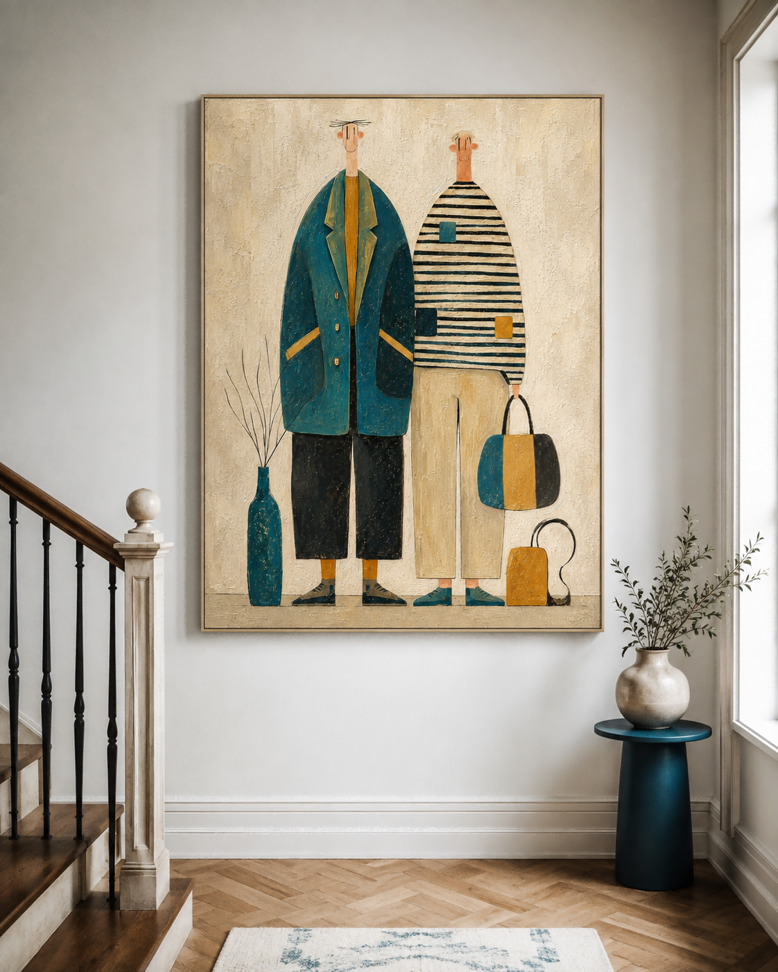 Whimsical People Wall Art For Living Room And Bedroom Vintage Decor Modern Vintage Illustration Style Canvas Painting With Textured Finish