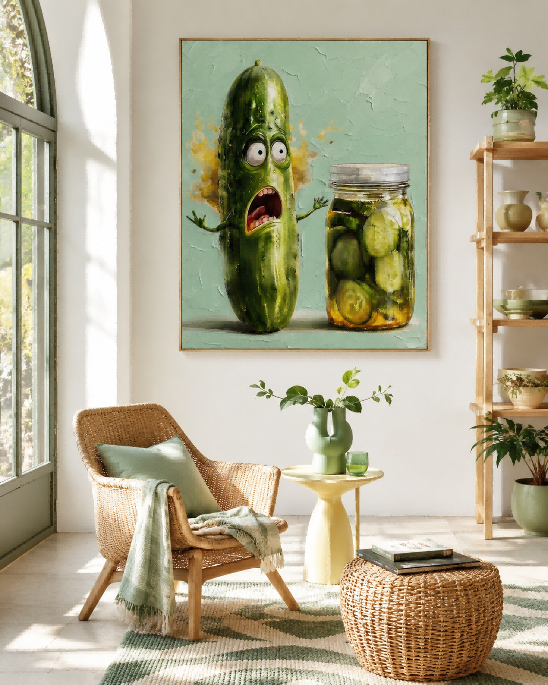 Funny Cucumber Painting For Modern Kitchen Wall Art Decor With Textured Green Pop Art Style
