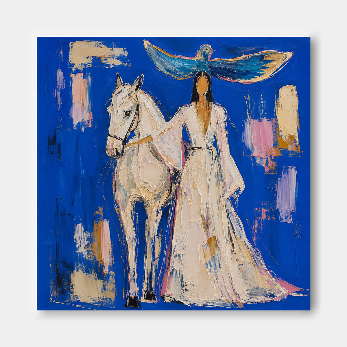Woman With White Horse And Dove Abstract Canvas Painting In Klein Blue