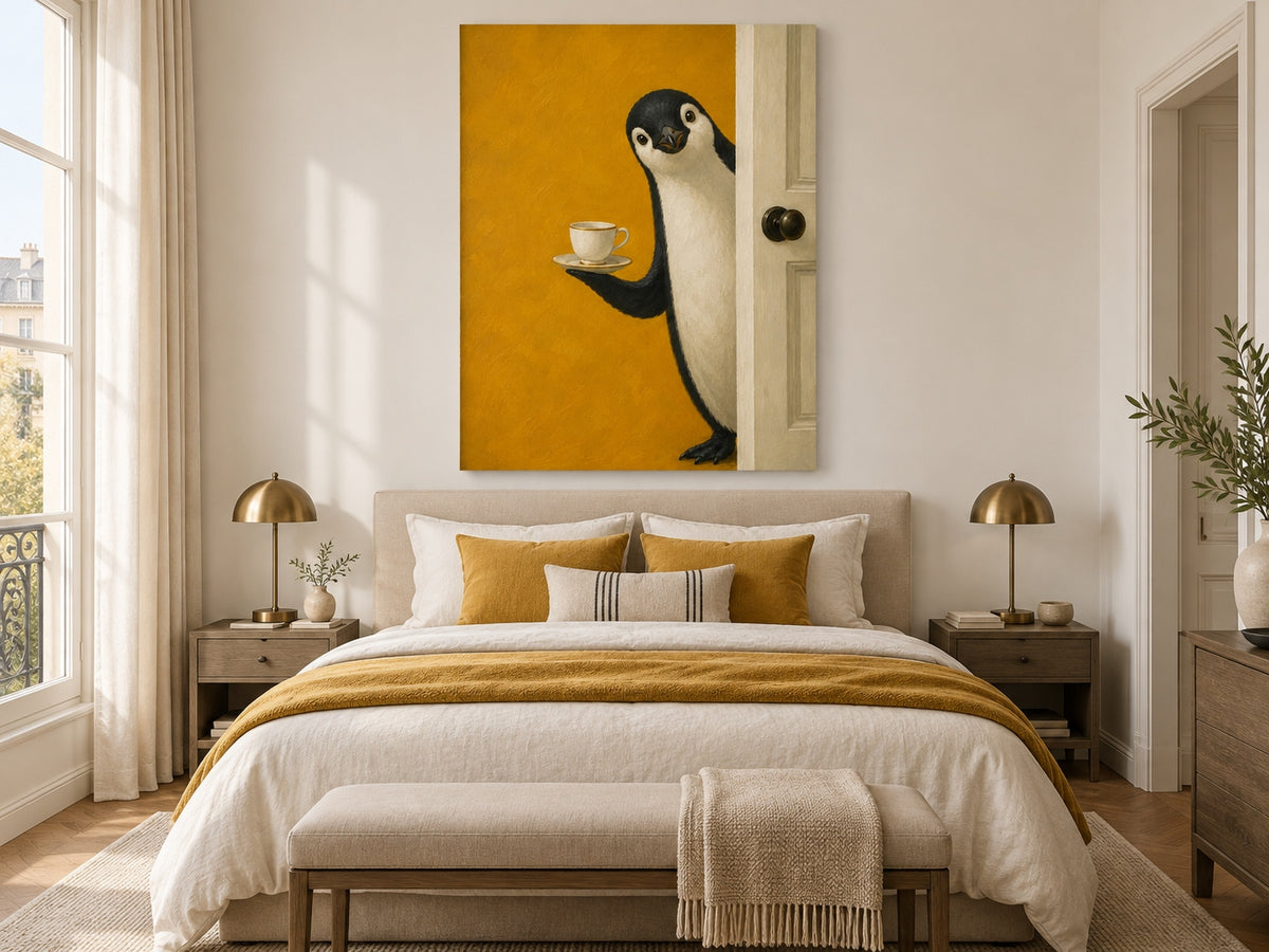 Hand-Painted Penguin With Tea Cup Modern Animal Canvas Art