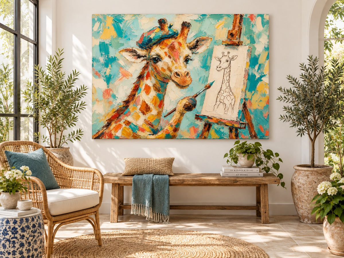 Hand-Painted Giraffe Artist Canvas Painting With Beret And Easel