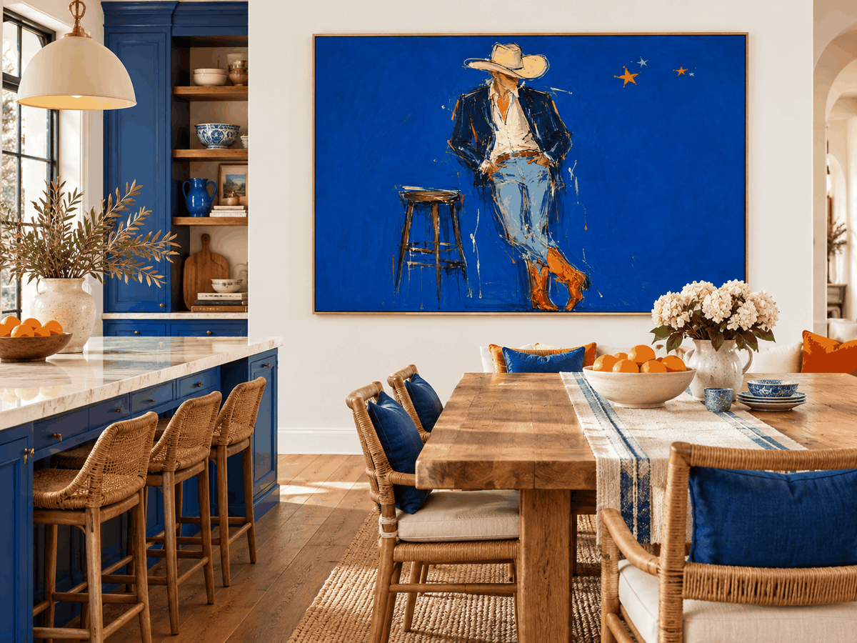 Cowboy In Blue Hand-Painted Canvas Art With Orange Boots For Modern Walls