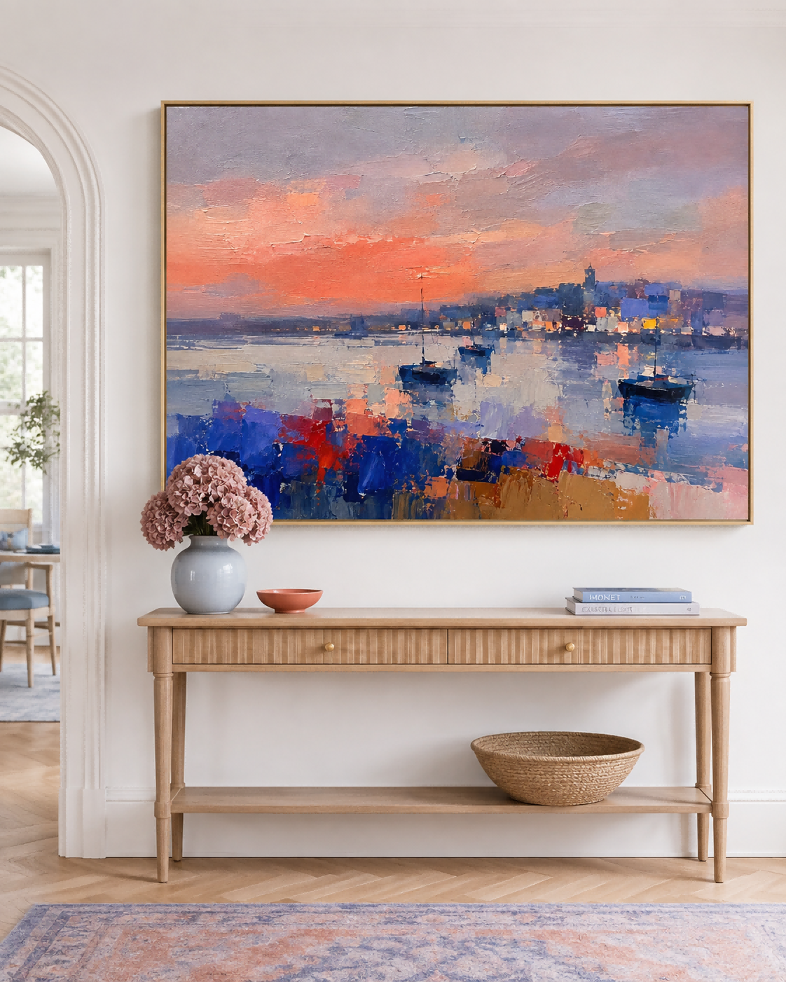 Modern Abstract Impasto Oil Painting Warm Sunset Harbor Scene Art