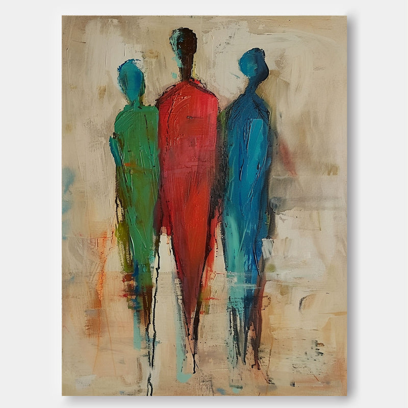 Original Three People Silhouettes Wall Art Large Figure Painting Retro Style Abstract Artwork For Living Room