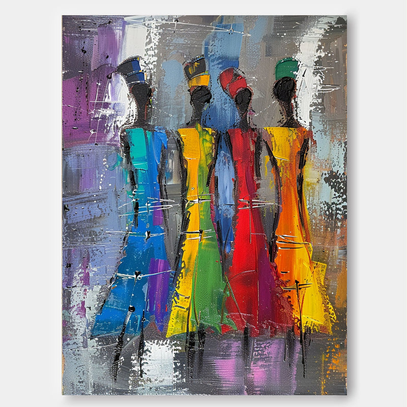 Original Modern Wall Art Colorful Four Women Silhouettes Painting Big Multicolor Girl Painting Framed