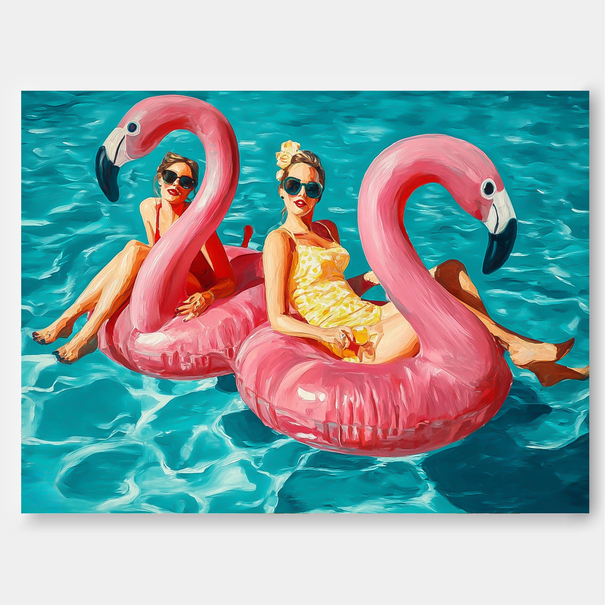 Original Girl Water Entertainment Abstract Colorful Flamingo Artwork Sensual Lady Swimming Wall Art