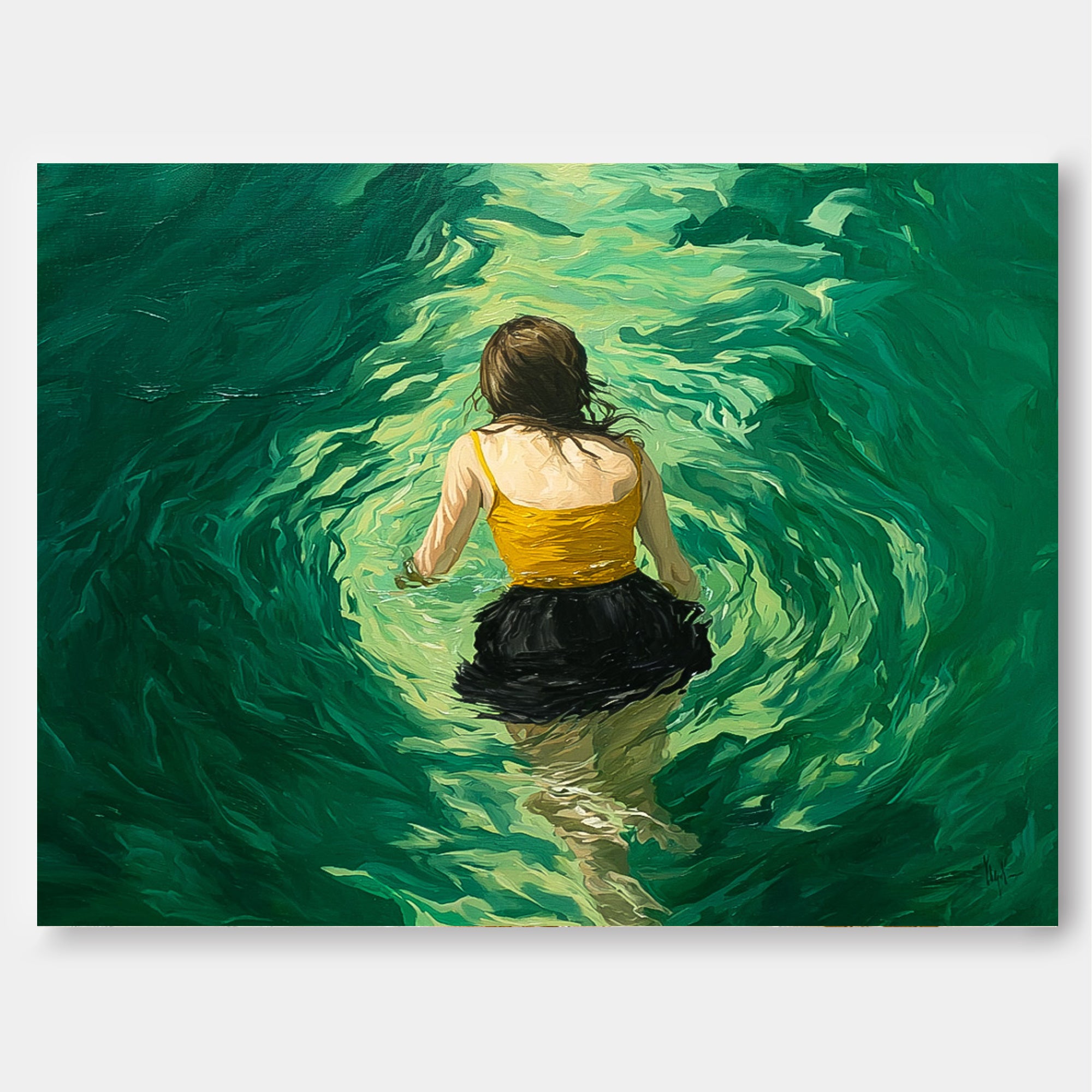 Abstract Green Artwork Original Girl Diving In Ocean Painting Sensual Lady Figure Swimming Wall Art