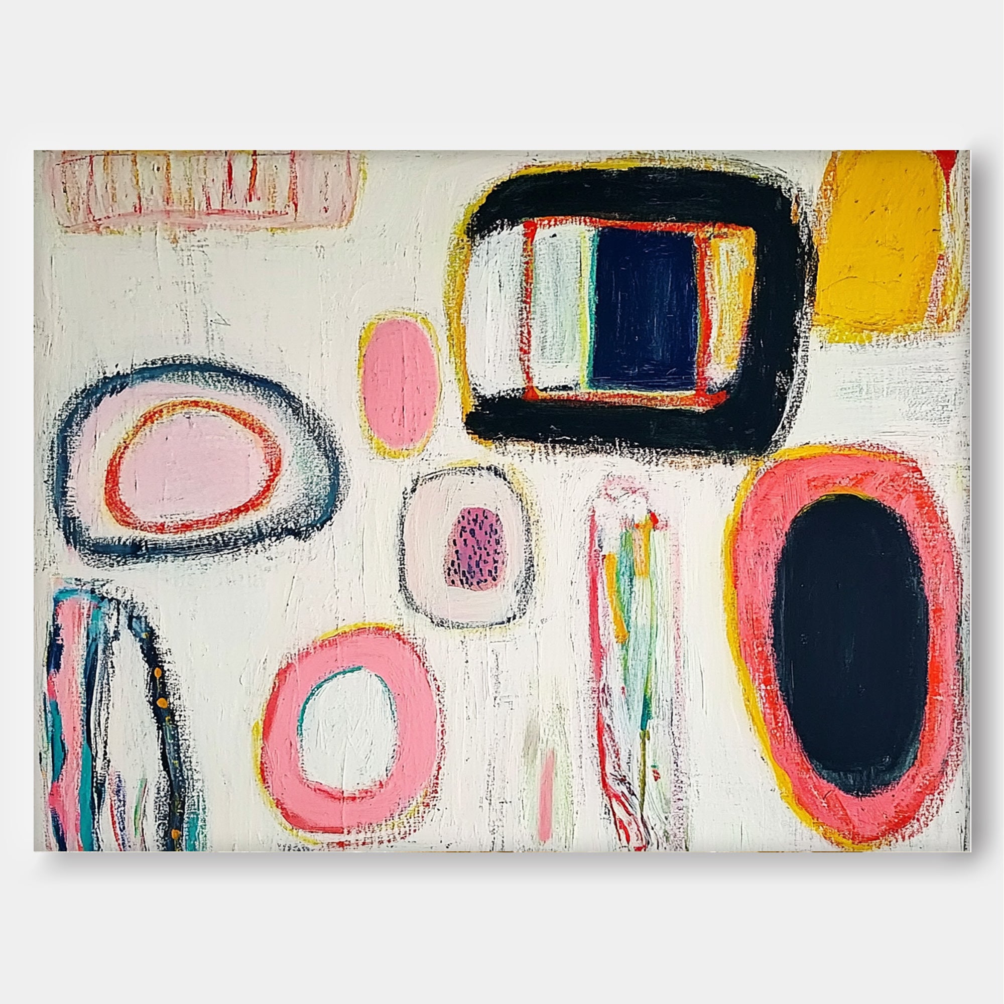 White Abstract Graffiti Oil Painting Modern Colorful  Artwork Original Irregular Geometric Circles Wall Art