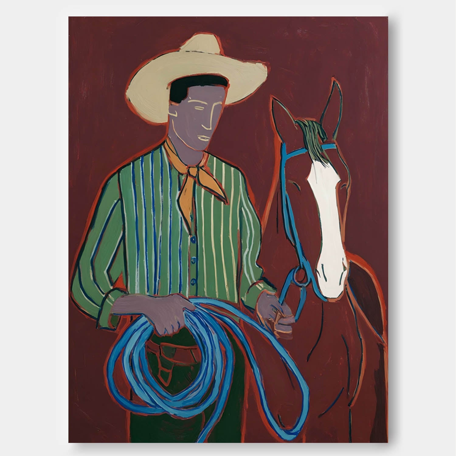 Original Vintage Western Cowboy With Horse Painting Rustic Abstract Wall Art Unique Figurative Home Decor