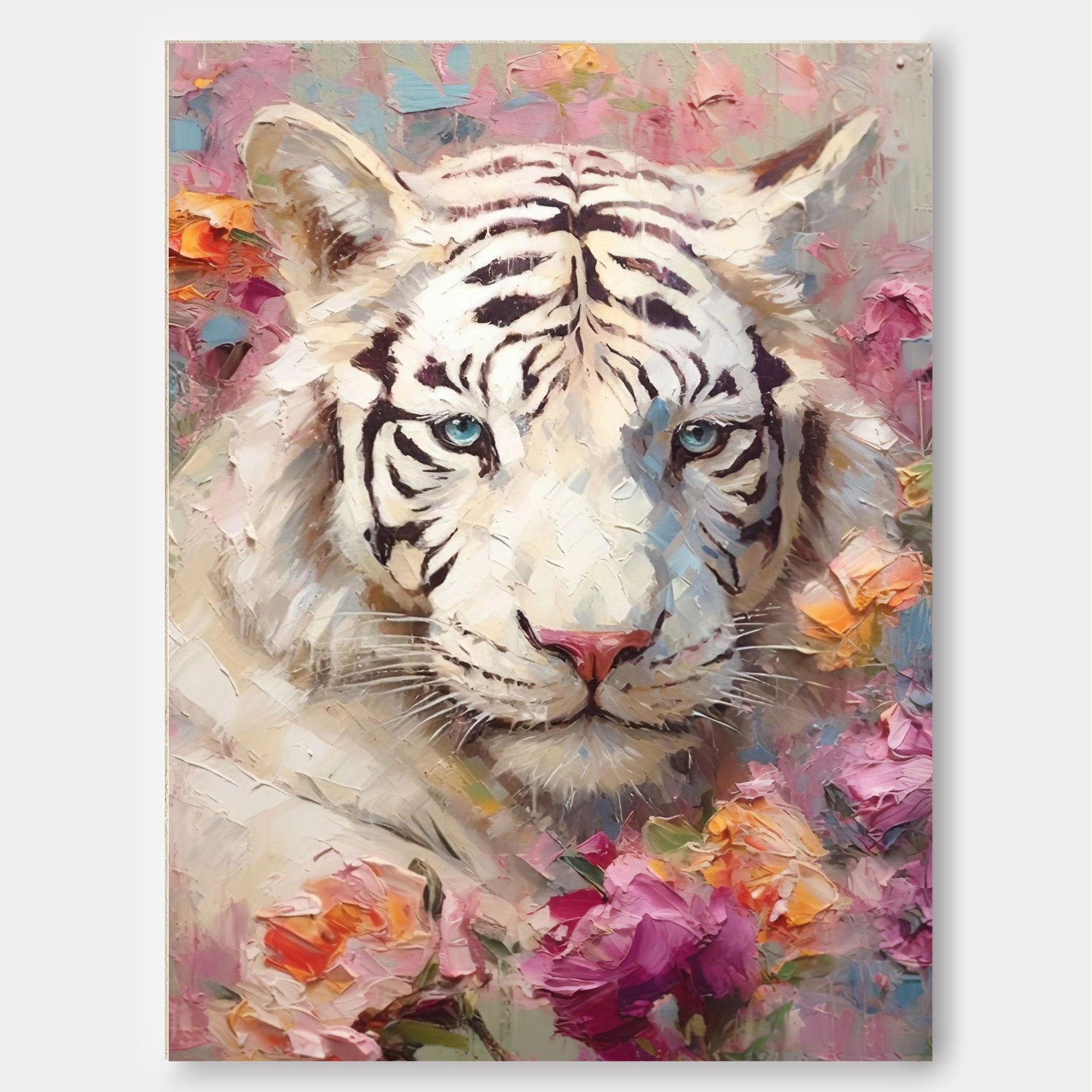 Textured White Tiger Oil Painting Impressionist Flowers And Tiger Canvas Wall Art Modern Animal Oil Painting Framed Living Room Decor