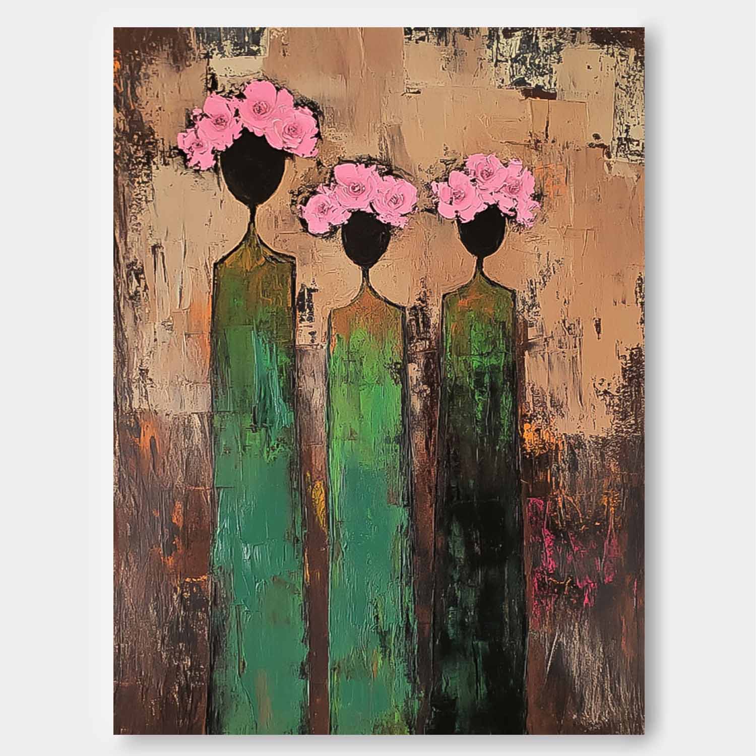 Abstract Simple Characters Artwork Original Retro Painting Pink And Green Modern People Silhouette Wall Art