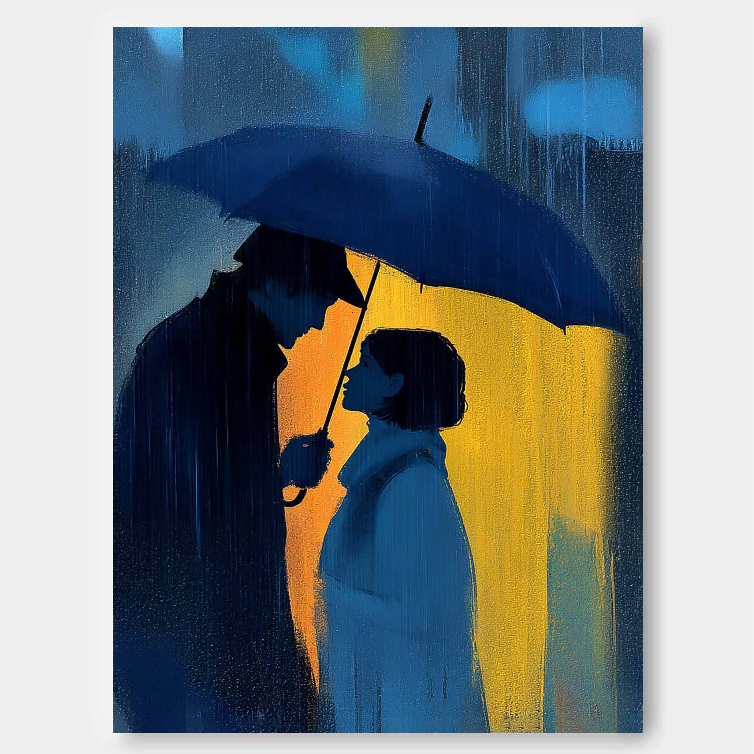 Moody Blue Night Art Original Couple In Rain Oil Painting Unique Gift For Couples Romantic Wall Art Canvas