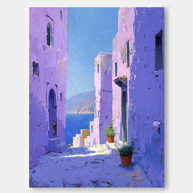 Dreamy Purple Building  Large Alley Wall Art Original Modern Oil Painting On Canvas Abstract House Art Home Decor