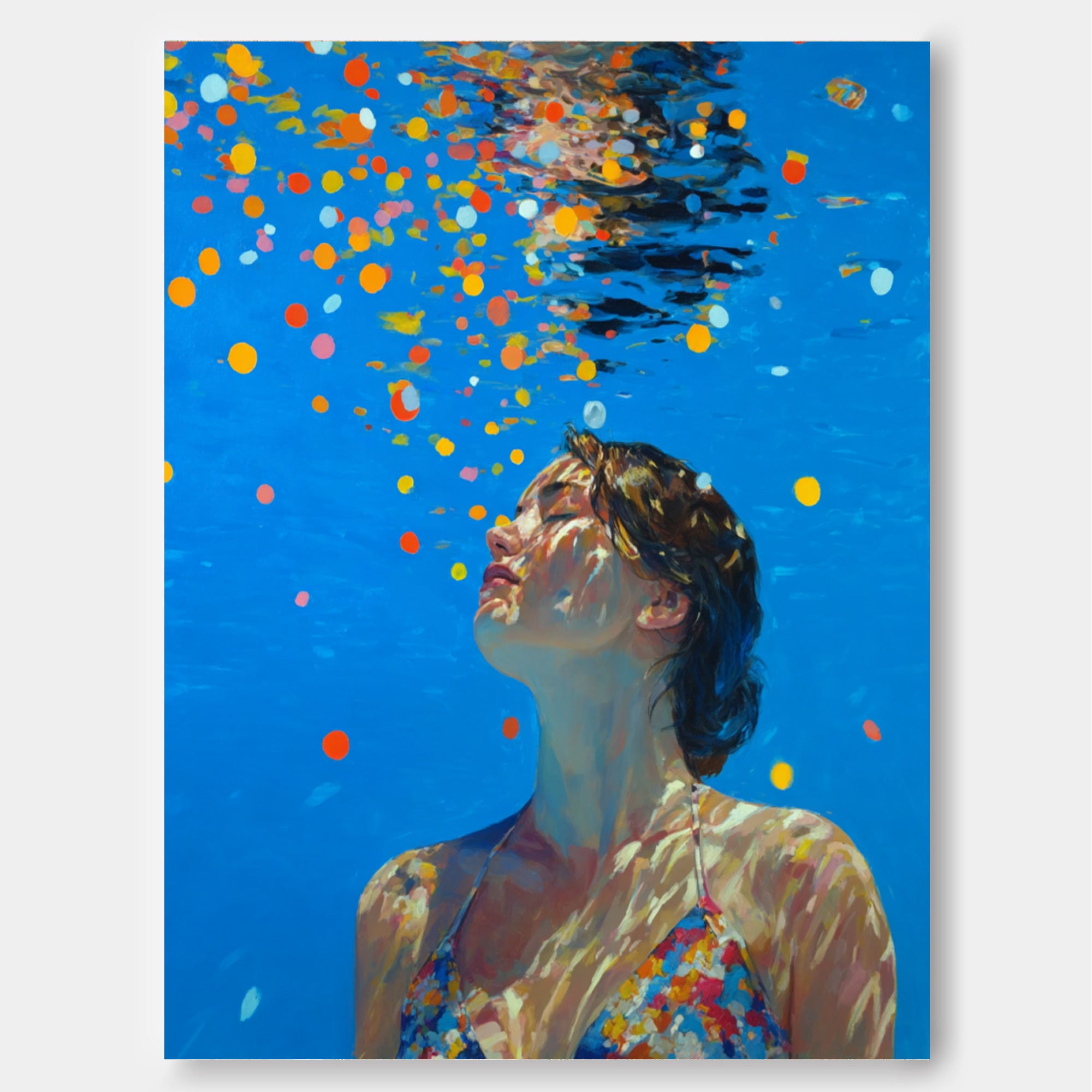 Diving in Ocean Woman Handmade Canvas Artwork Blue Abstract Swimming Girl Wall Art Diving Oil painting