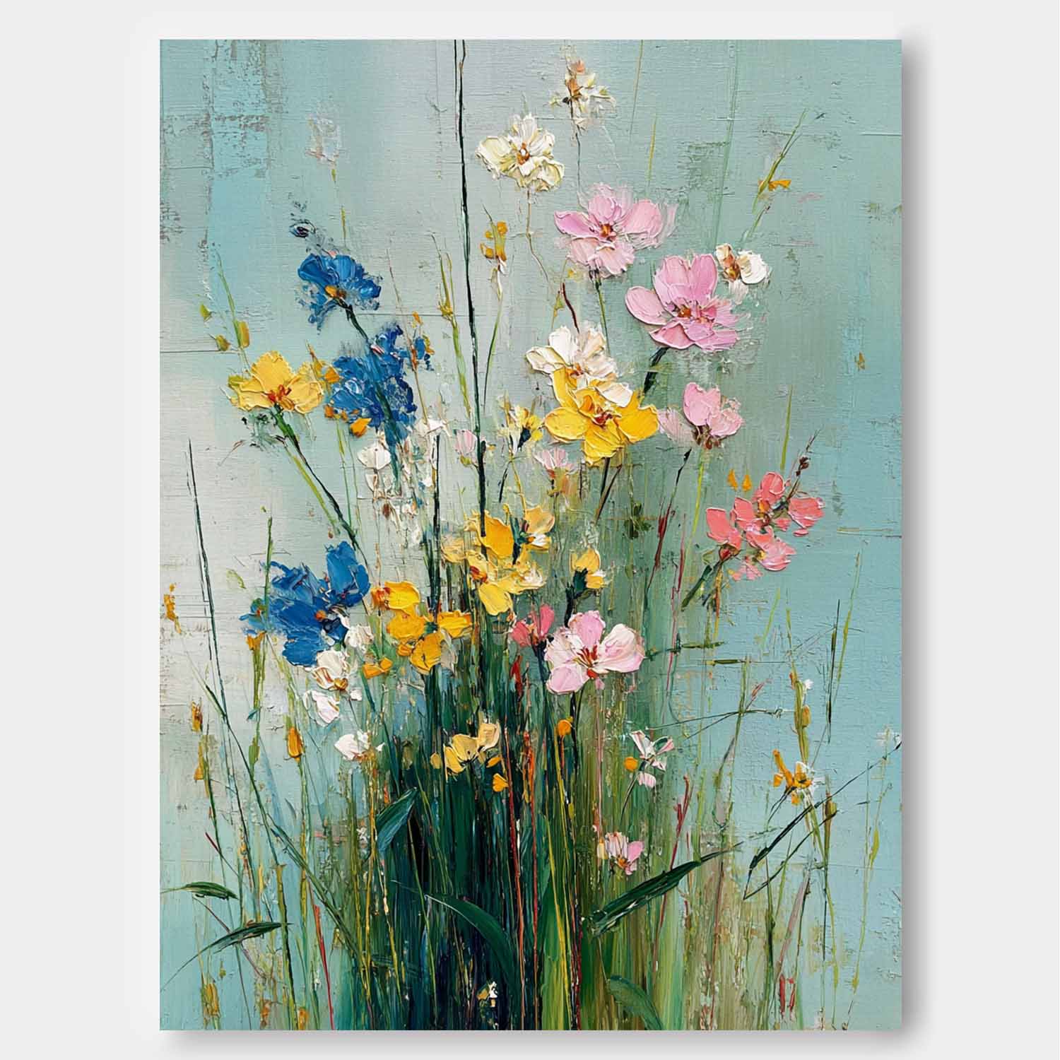 Large Pastel Bohemian Floral Painting Canvas Original Wildflower Wall Art Vintage Style Decorative Art 