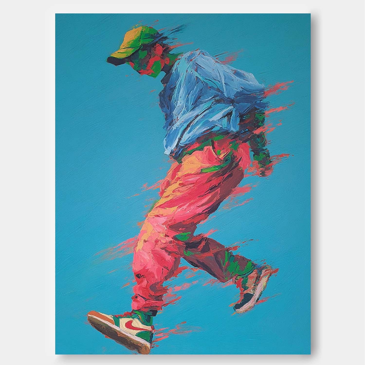 Abstract Motion Figure Colorful Urban Artwork Dynamic Running Man Impasto Painting Energetic Sport Wall Art