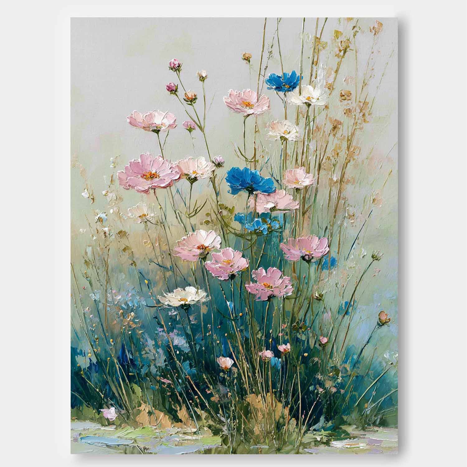 Large Bohemian Floral Oil Painting Canvas Colorful Wildflower Wall Art Vintage Style Decorative Art 