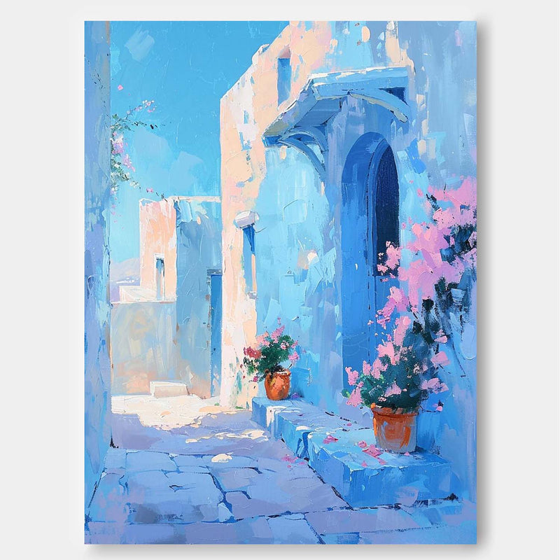 Large Alley Wall Art Original Modern Oil Painting On Canvas Dreamy Blue Building Abstract House Art Home Decor