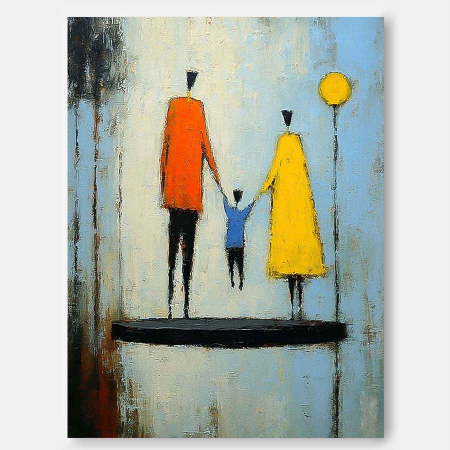 Minimalist Family Wall Art Modern Neutral Background Framed Original City Silhouette Oil Painting 