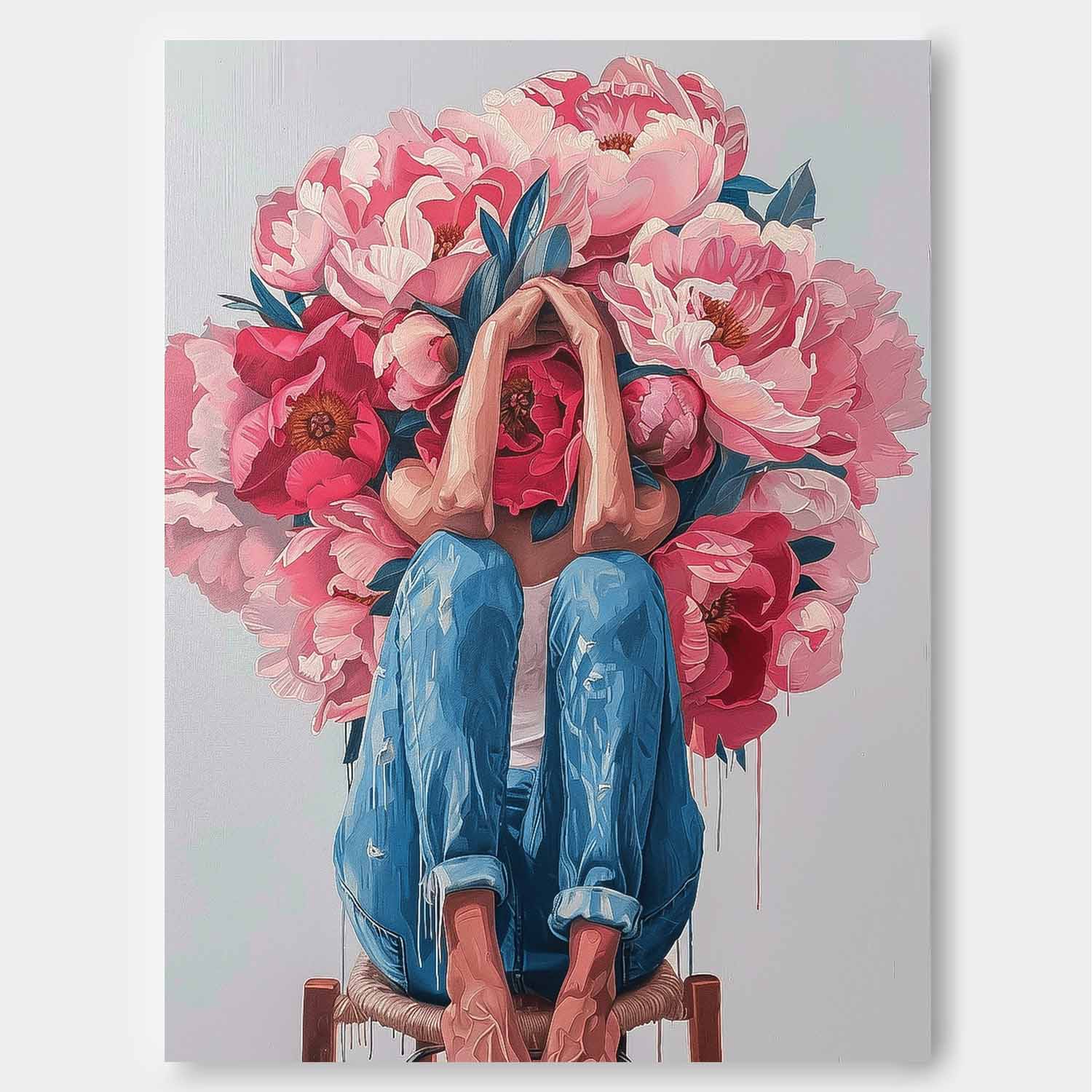 Original Wall Art Abstract beautiful Peony Painting Colorful Faceless Artwork Large Portrait Painting Home Decor