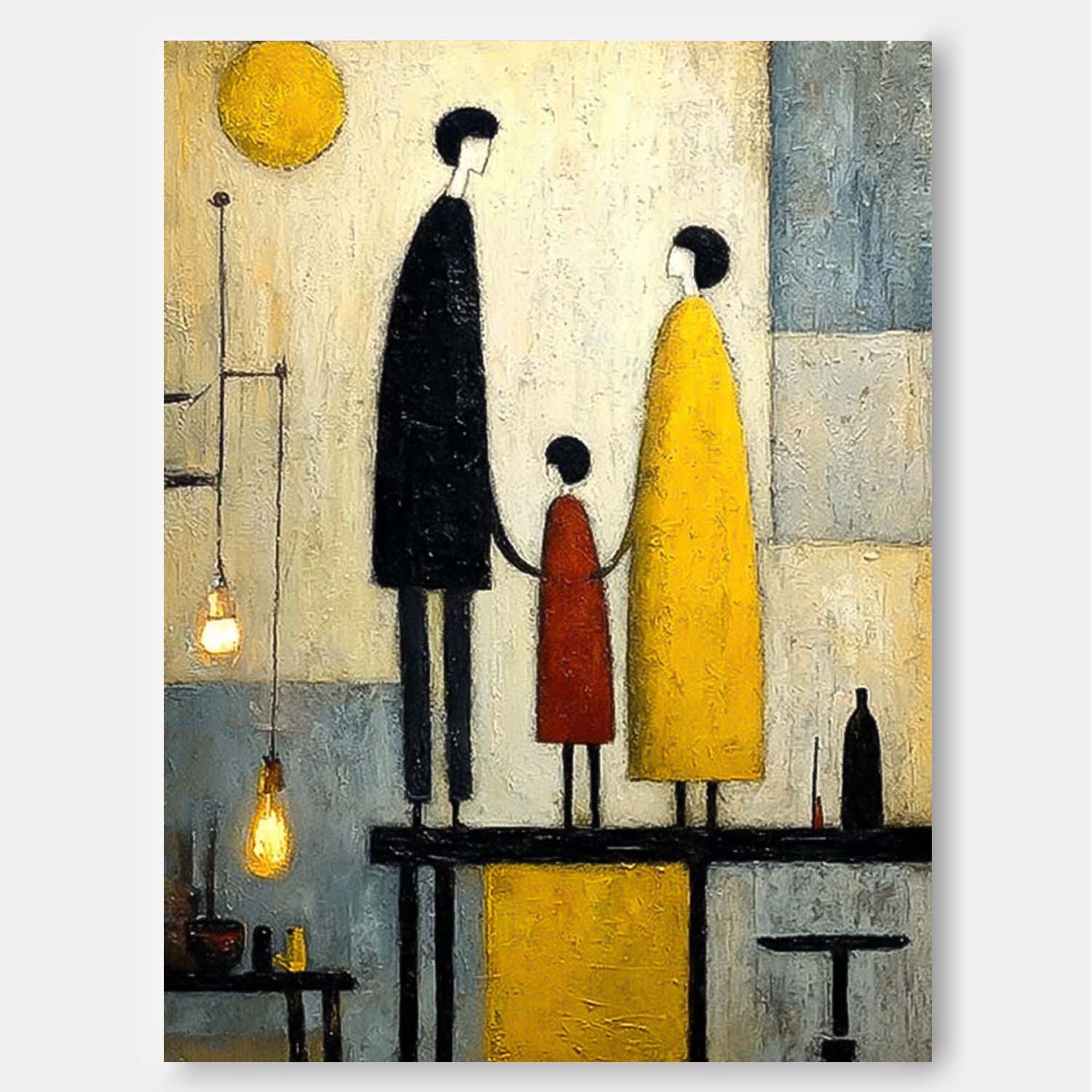 Modern City Silhouette Original Neutral Background Oil Painting Minimalist Family Wall Art Home Decor