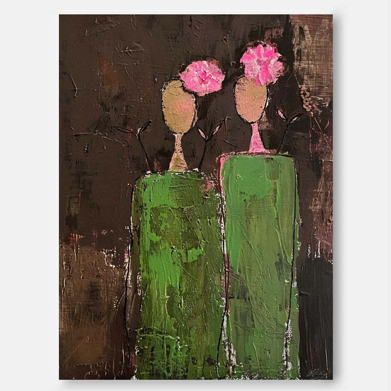 Dark Brown Large Flower Figure Painting Original Green Silhouettes Wall Art Abstract Artwork Home Decor