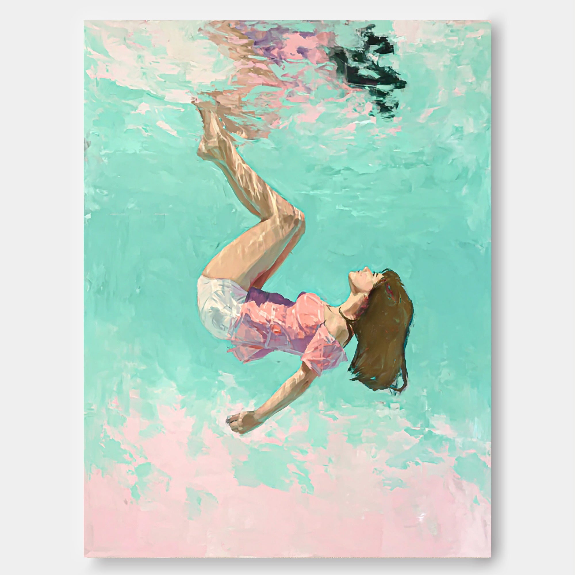 Green And Pink Diving In Ocean Woman Acrylic Painting Cute Lady Artwork Original Girl swimming Wall Art