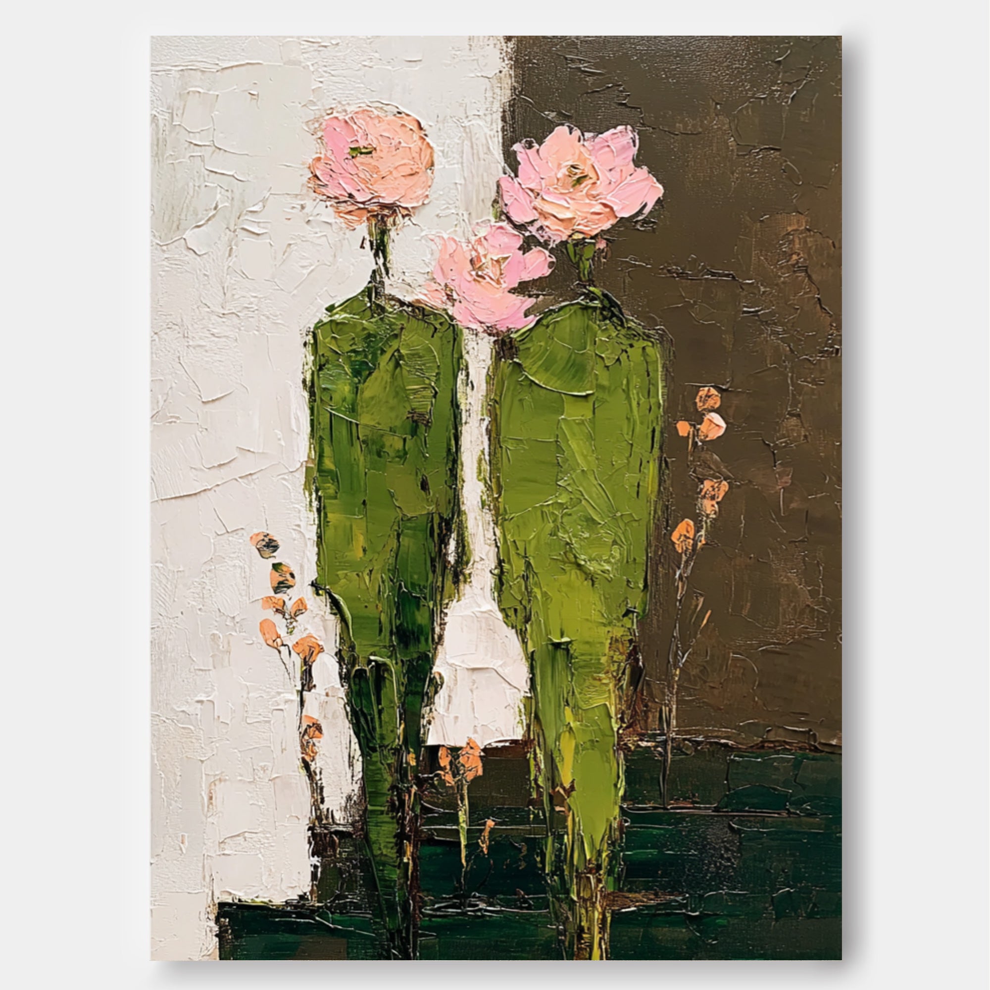 Handpainted Abstract Green Flower People Painting Modern Textured Wall Art Unique Floral Artwork Decor Gift