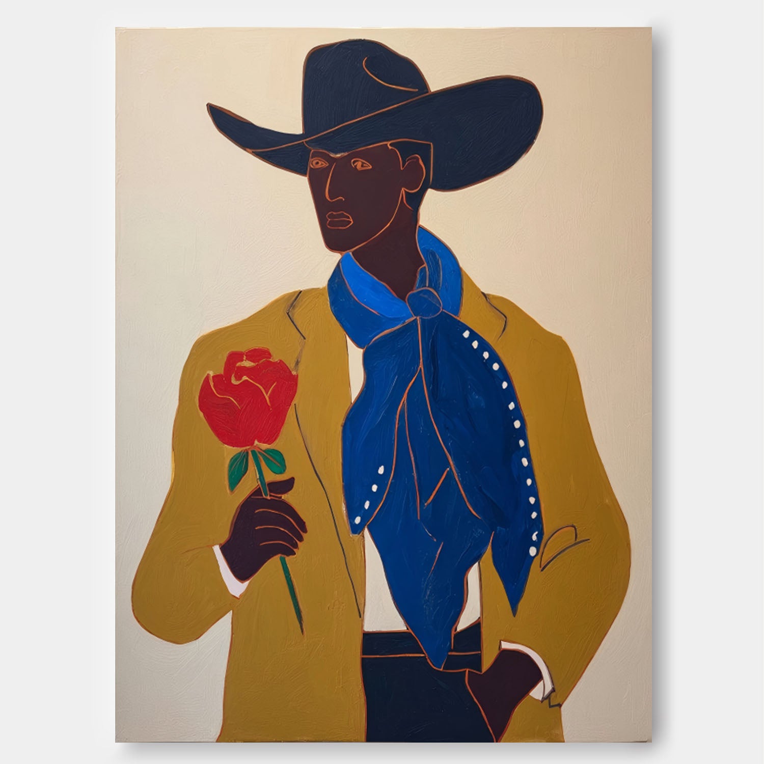 Original Oil Painting Cowboy With Red Rose Vibrant Modern Wall Art Unique Handmade Portrait For Home Decor