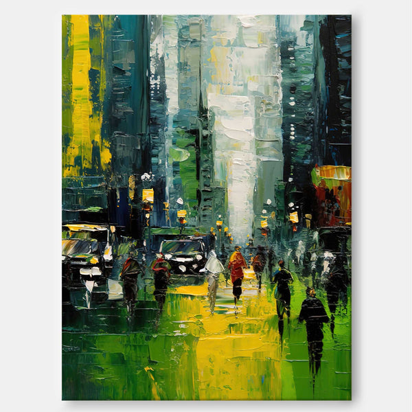 Original City Buildings Texture Urban Oil Painting Cityscape Green City Canvas Wall Art For Home Decor