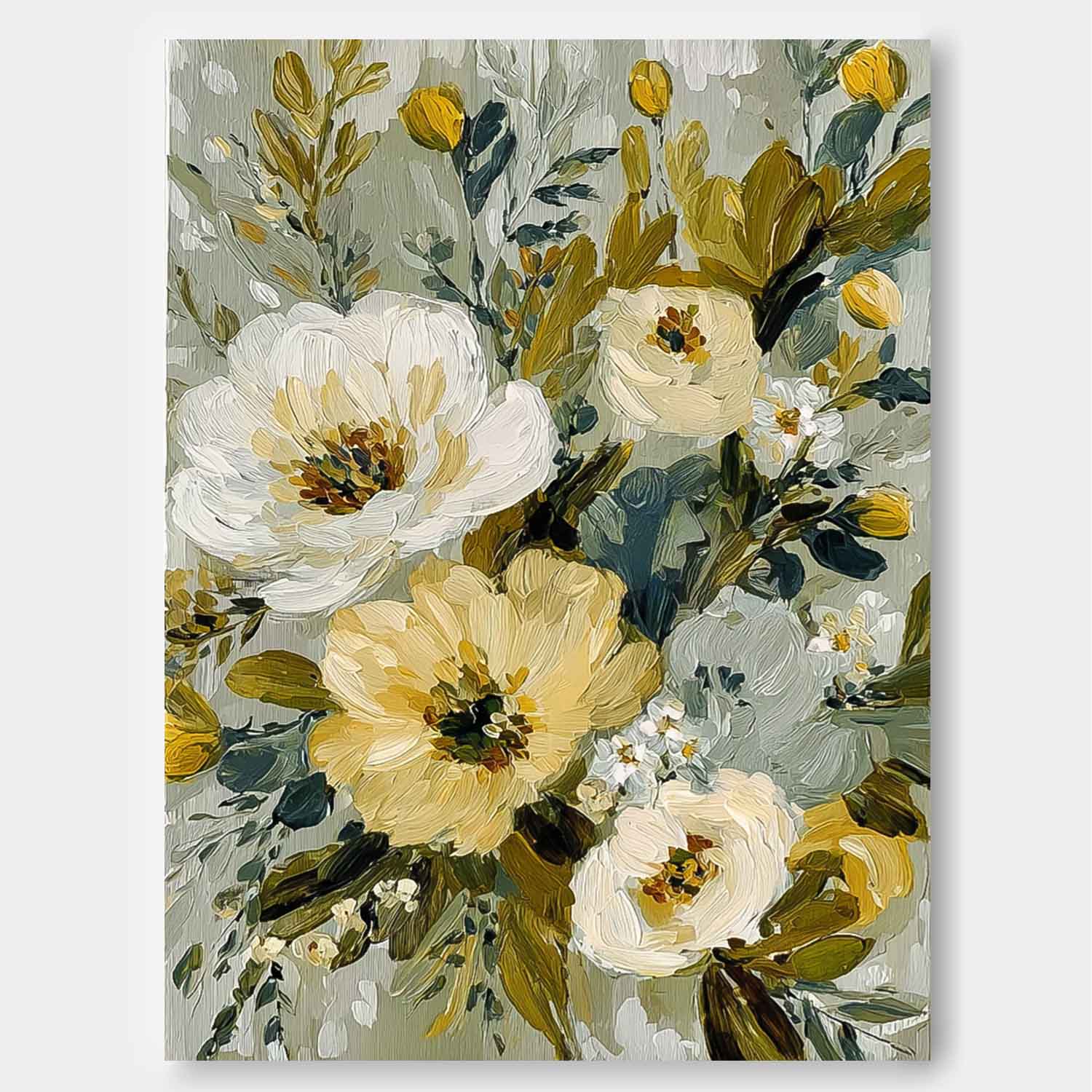 Vintage Floral Wall Art Textured Tulip Oil Painting Sage Green Impasto Botanical Flower Painting Antique Style 