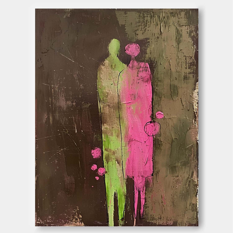 Dark Brown Large Figure Painting Original Green And Pink Silhouettes Wall Art Abstract Artwork Framed