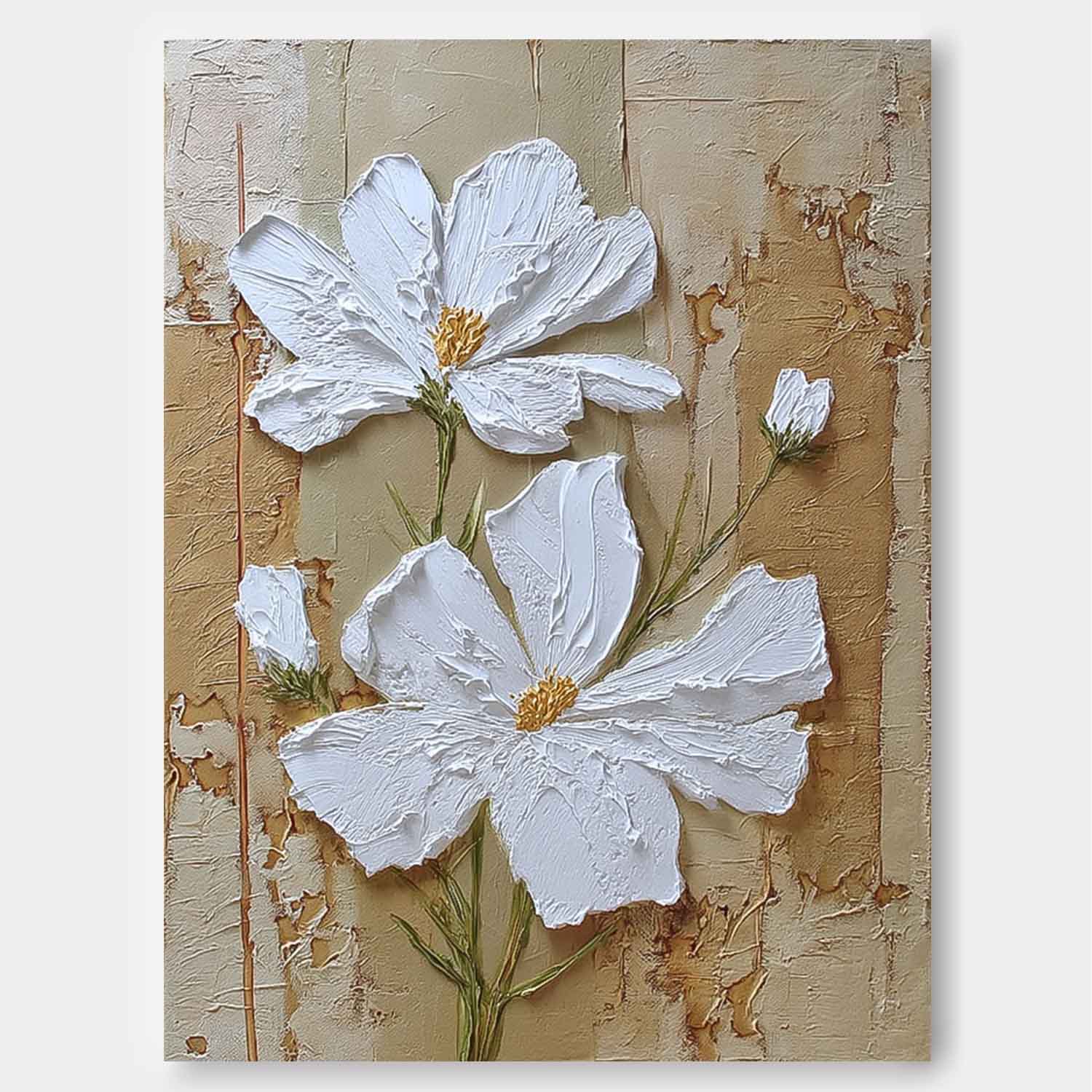 Large White Flower Abstract Oil Painting Canvas Texture Plant Wall Art Original Artwork Home Decor