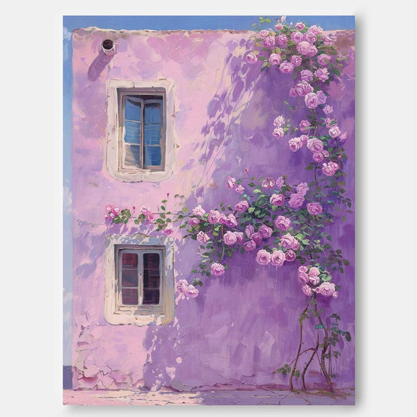 Original Floral Painting Flowers And Purple Building Acrylic Painting Canvas Large Textured Art Home Decor