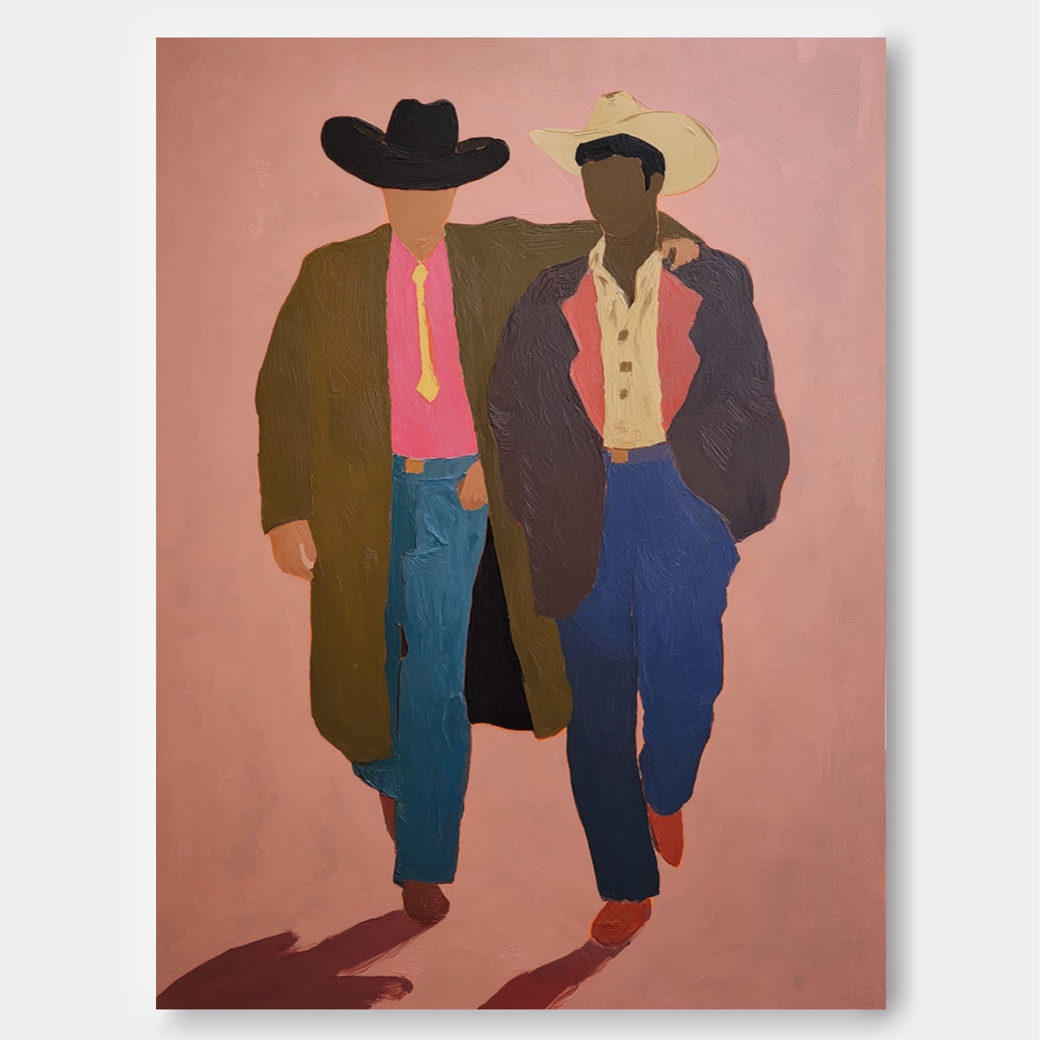 Two Cowboys With Cowboy Hats Bold Color Fashion Illustration Retro Western Style Wall Decor Modern Aesthetic