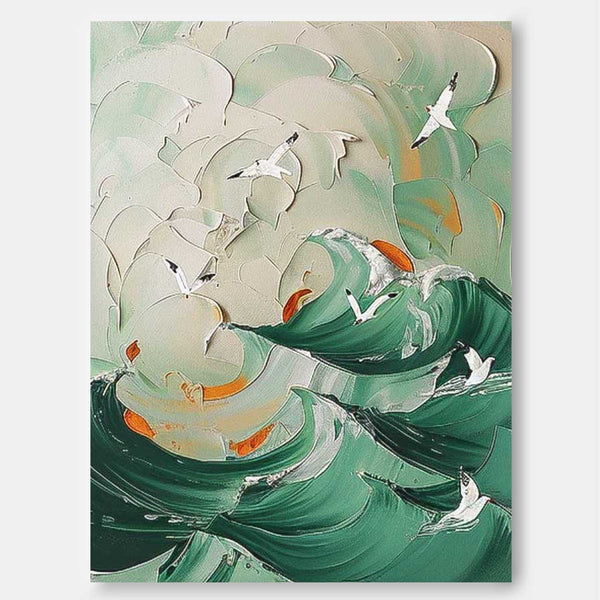 Original Abstract Beach Oil Painting On Canvas Large 3D Green Ocean Wall Art Seagull Artwork Decor