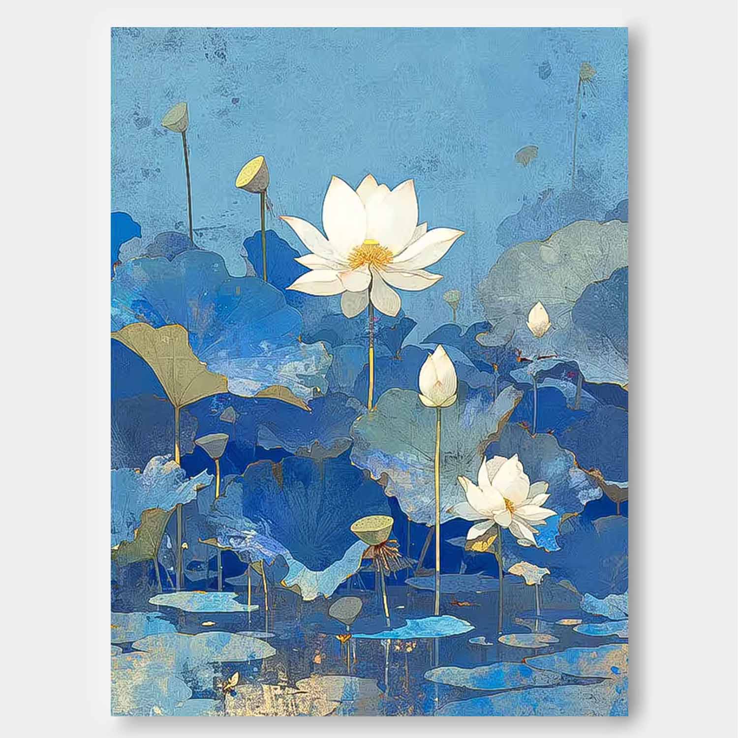 Abstract Lotus Flower Oil Painting On Canvas Big Original Texture Beautiful Blue Flowers Artwork Framed