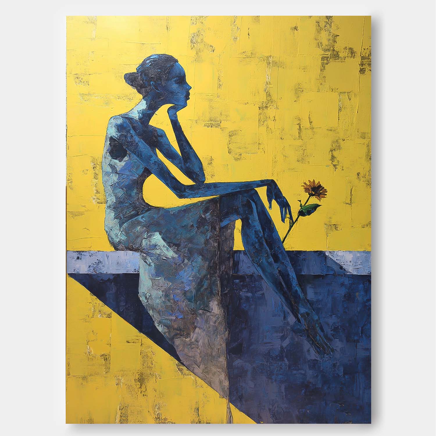 Textured Abstract Painting Pensive Lady Impasto Style Wall Art Contemporary Meditative Female Portrait Artwork