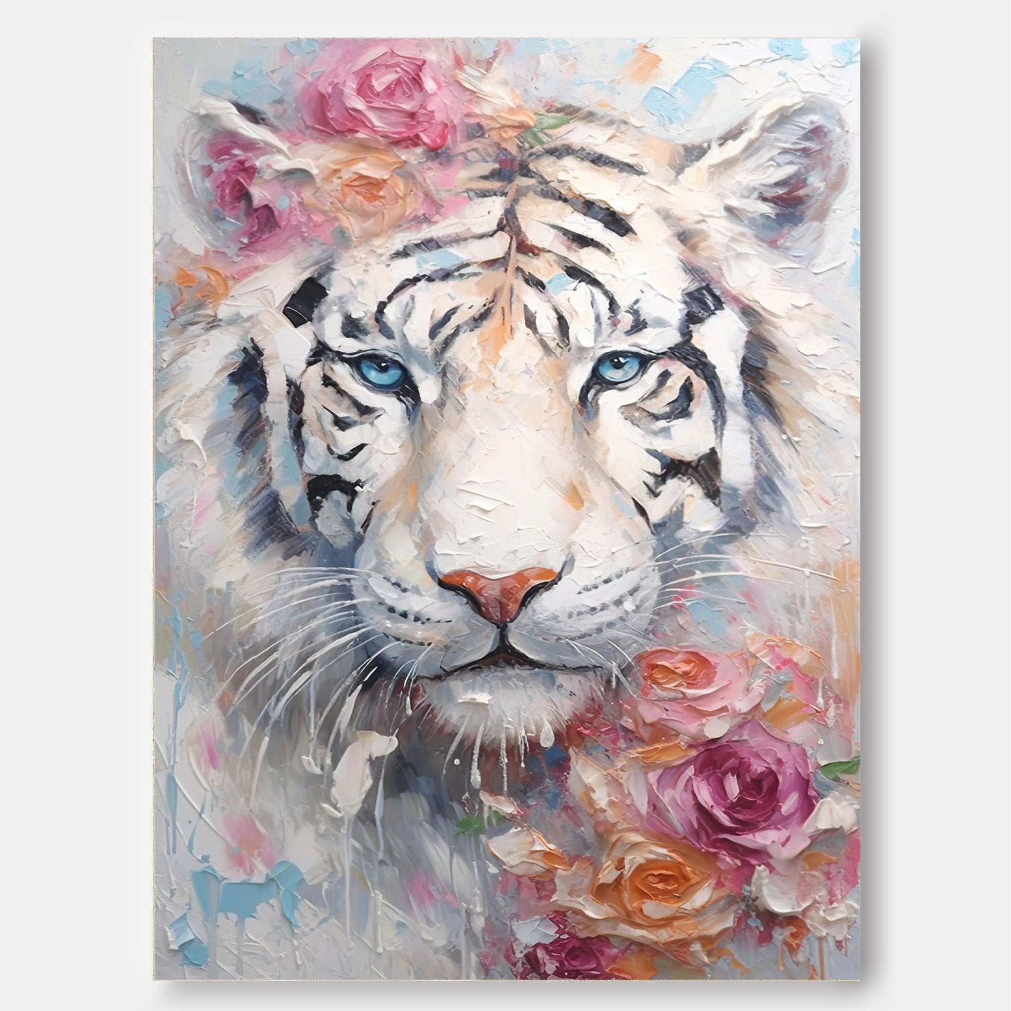 Impressionist White Tiger Oil Painting Textured Flowers And Tiger Canvas Wall Art Modern Animal Oil Painting Framed Living Room Decor