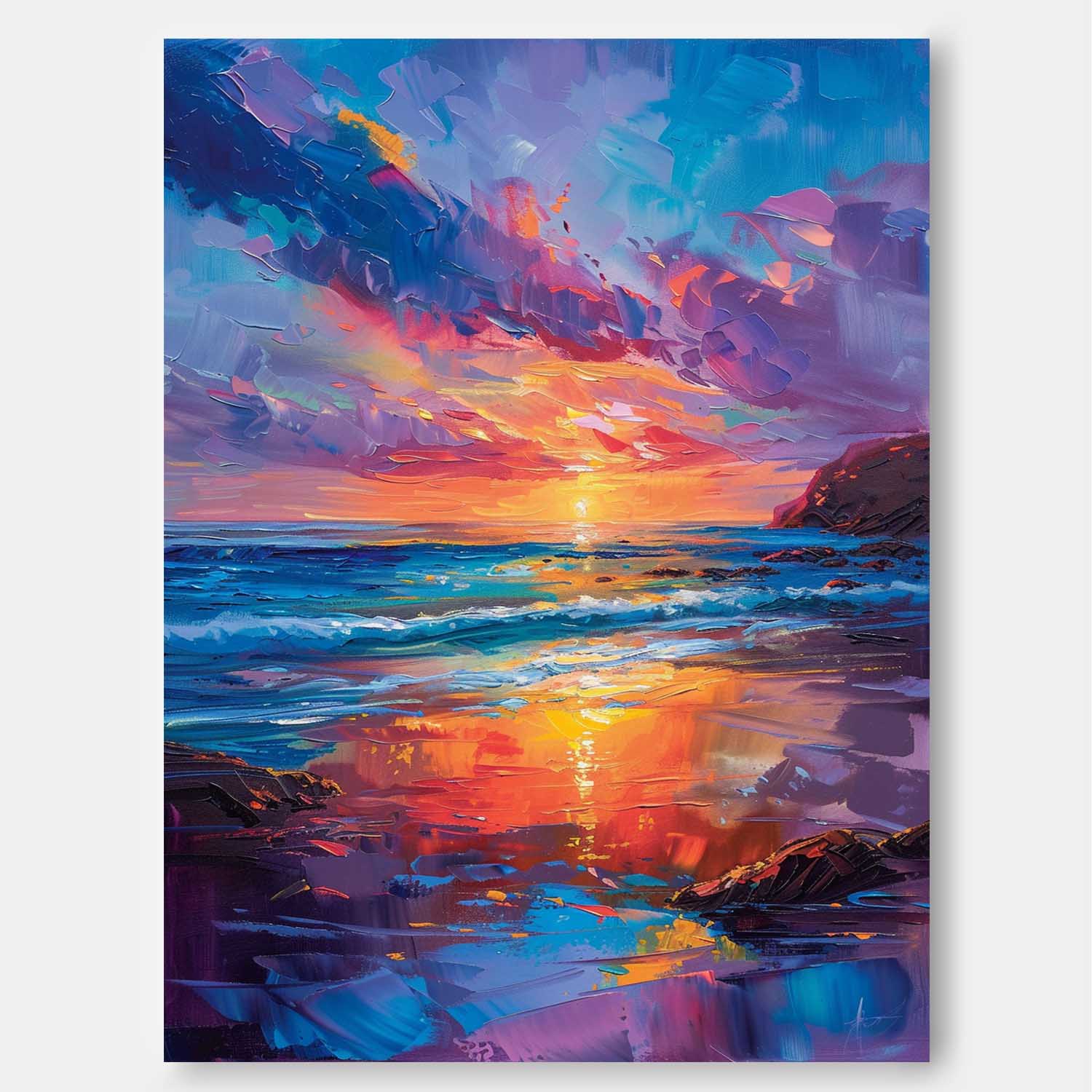 Colorful Original Abstract Beach Oil Painting On Canvas Large Ocean Wall Art Texture Sunset Artwork Home Decor