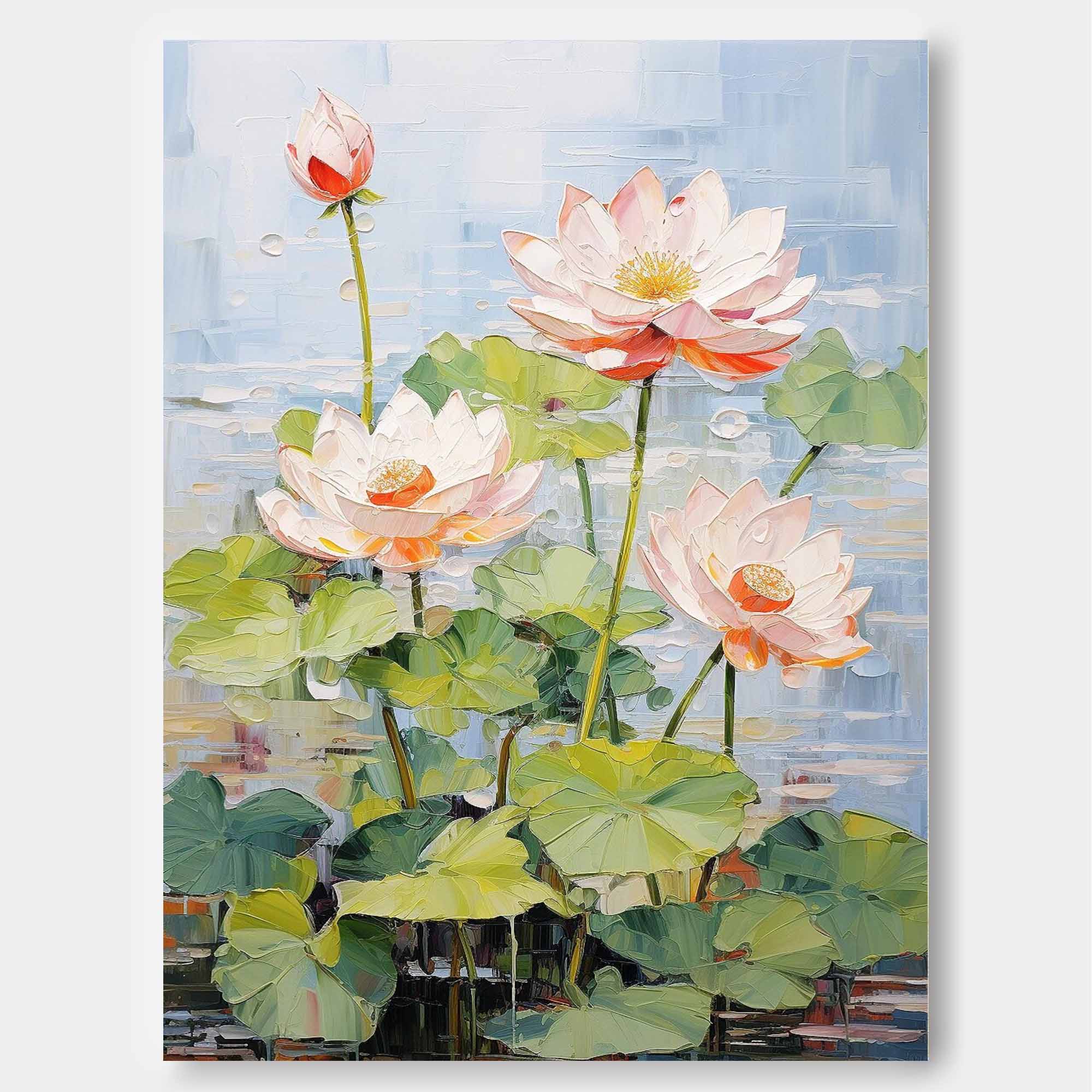 Large 3D Floral Textured Abstract Acrylic Wall Art Impressionism Pink Lotus Flowers Painting Framed For Sale