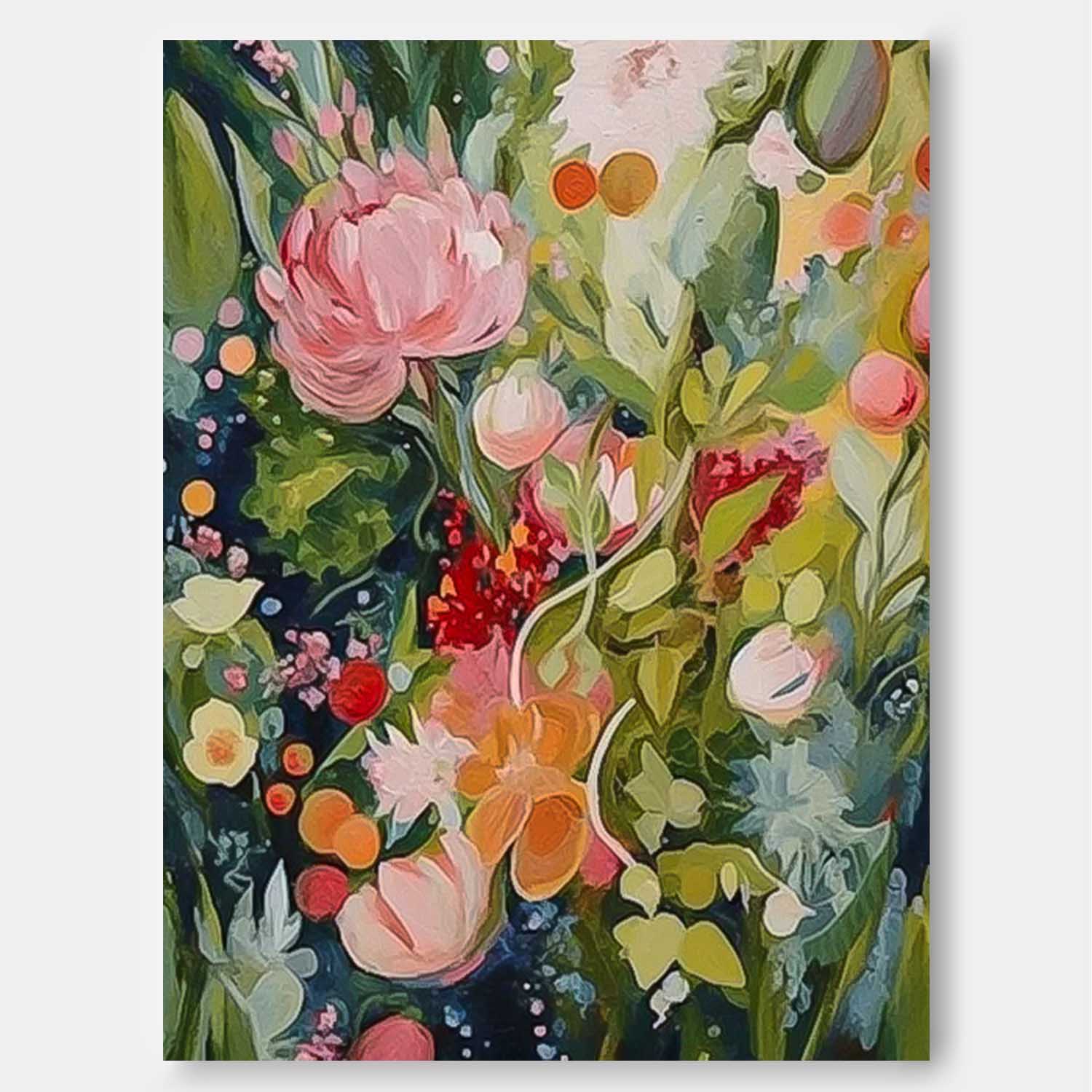 Original Green Flower Wall Art Abstract Boho Modern Floral Acrylic Painting On Canvas Living Room Wall Decor