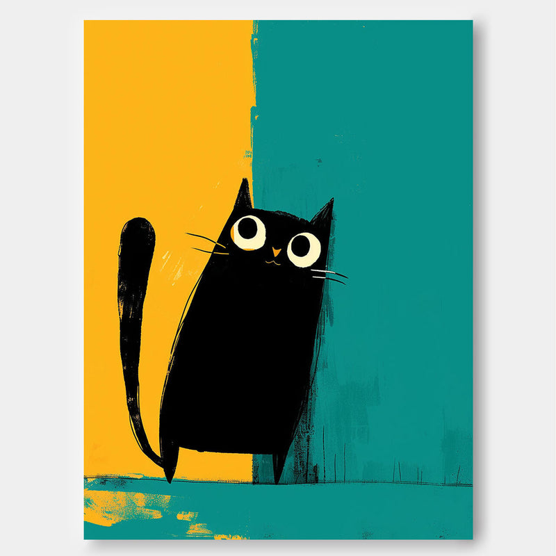 Vibrant Yellow And Green Oil Painting Modern Black Cat Animal Oil Painting Impressionist Kitty Wall Art