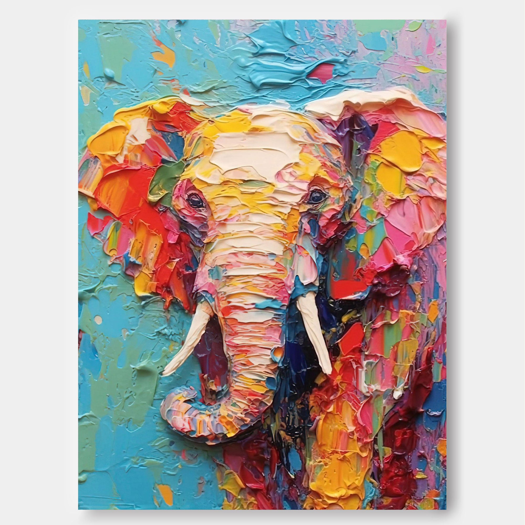 Impressionist Colorful Elephant Oil Painting Textured Canvas Wall Art Modern Animal Oil Painting Framed Living Room Decor