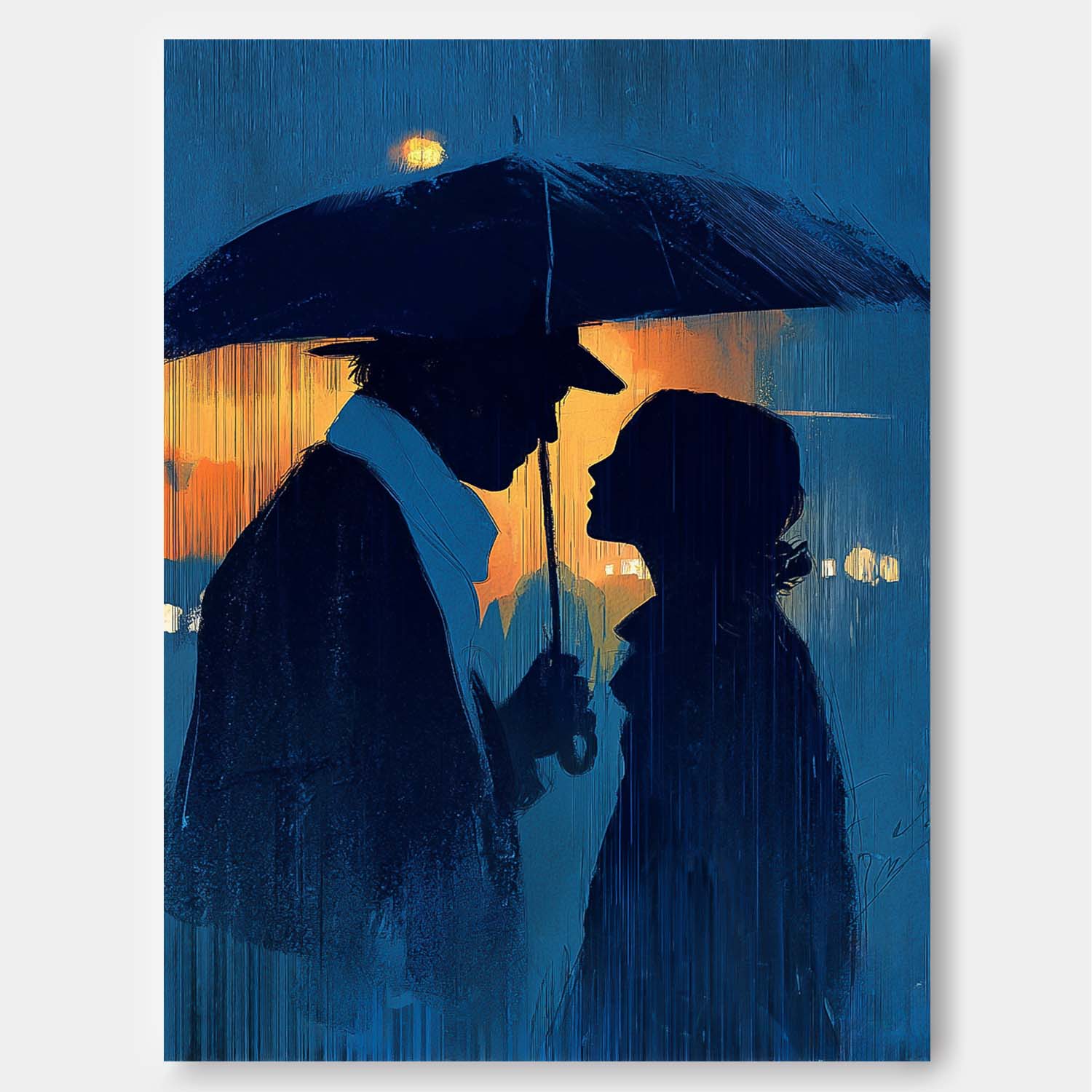 Original Couple In Rain Oil Painting Moody Blue Night Art Unique Gift For Couples Romantic Wall Art Canvas