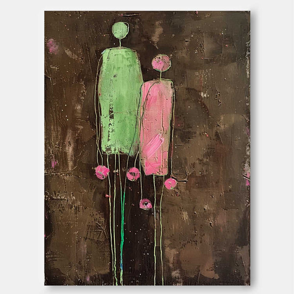 Dark Brown Large Flower Figure Painting Original Green Silhouettes Wall Art Abstract Artwork Framed