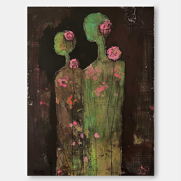 Original Colorful Silhouettes Wall Art Dark Brown Large Flower Figure Painting Abstract Artwork Home Decor