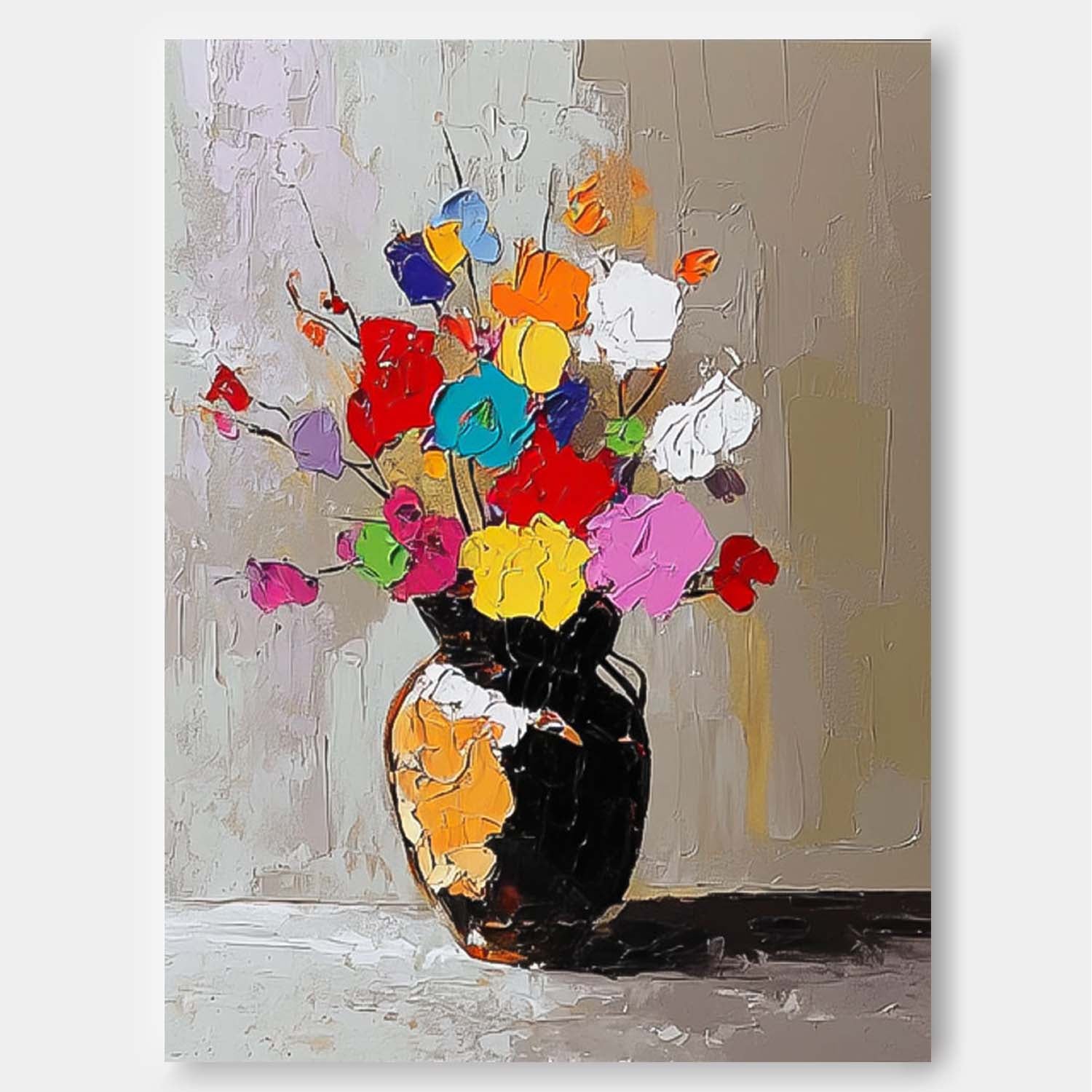 Color Flowers Acrylic Painting Canvas Original Floral Painting Large Textured Vase Art For Living Room